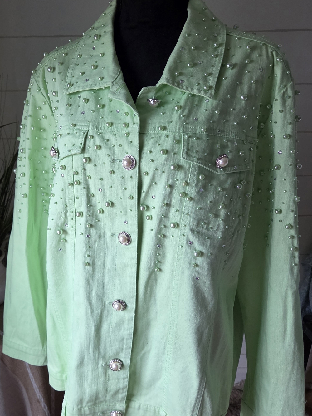 Bold Green Embellished Jean Jacket Plus Size 1X Pearl Denim Quacker Factory